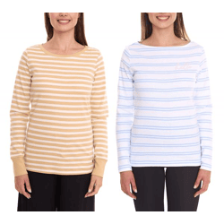 DELMAO Damen Langarm-Shirt gestreiftes Baumwoll-Sweatshirt Blau/Weiß oder Beige/Weiß