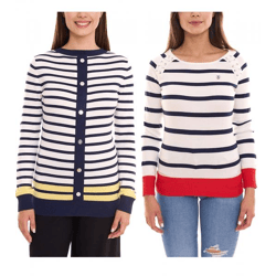 DELMAO Damen Langarm-Shirt gestreiftes Rundhals-Sweatshirt mit Schnürung oder Knöpfen Blau/Weiß/Rot oder Blau/Weiß