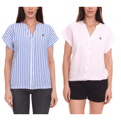 DELMAO Women's Summer Blouse, Striped, Short-Sleeve Blouse, Summer Shirt, Pink/White or Blue/White