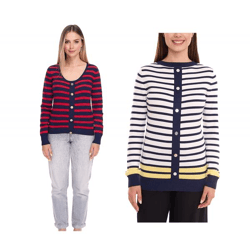 DELMAO Damen Strick-Pullover mit Zierknopfleiste Langarm-Shirt Sweater in Rot/Dunkelblau oder Blau/Weiß