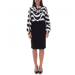 elegantes Damen Midi-Kleid Business-Kleid mit Schluppe Sommer-Kleid Langarm-Kleid 940989 Schwarz/Weiß