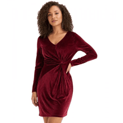 Feminine women's mini dress made of shiny velvet with a knot detail, evening dress 908136, wine red