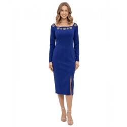 figurbetontes Damen Midi-Kleid mit Blumen-Glitzer Langarm-Kleid 965864 Blau