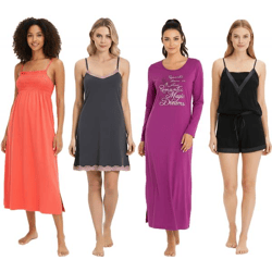 Gemütliches Damen Nacht-Kleid mit Smockdetails langes Nachthemd mit Schlitz 2-teiliger Pyjama oder kurzes Nachthemd mit Spitze Rot, Violet