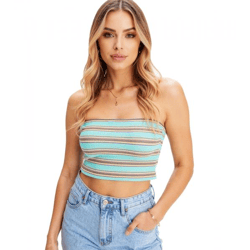 gestreiftes Damen Bandeau Sommer-Top geripptes Baumwoll-Shirt 947519 Türkis