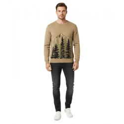 Herren Feinstrick-Pullover Rundhals-Pullover mit Wald und Berge-Muster Winter-Pulli Große Größen 971556 Khaki