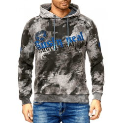 Herren Hoodie im Batik Look Kapuzen-Pullover mit Vintage Print Sweater 19113 Anthrazit