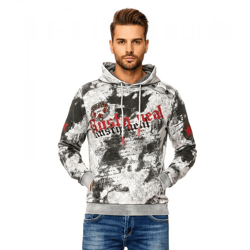 Herren Hoodie im Batik Look Kapuzen-Pullover mit Vintage Print Sweater 19113 Grau