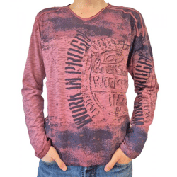 Herren Longsleeve im Vintage-Stil Work in Progress Langarm-Shirt Rundhals Baumwoll-Shirt R-10109 Hell-Bordeaux