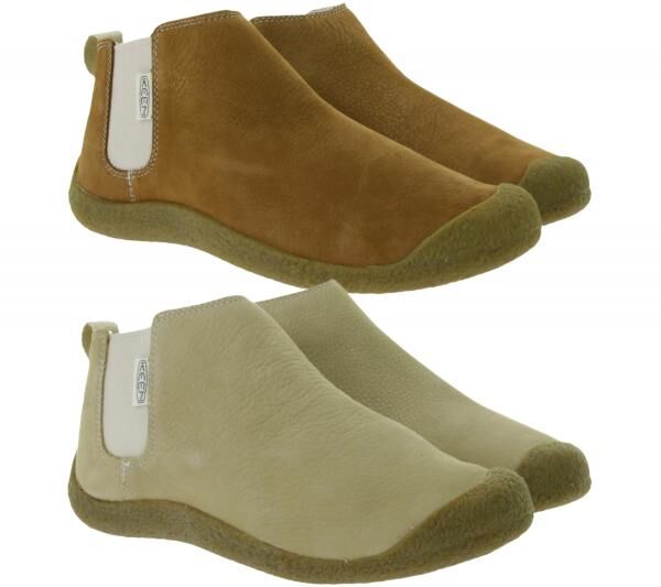 KEEN Mosey Chelsea Damen Stiefelette Echtleder Schlupf-Schuhe mit Wechselfu&szlig;bett in Braun oder Beige