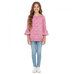 KIDSWORLD Mädchen Sommer-Shirt T-Shirt mit Trompetenärmeln und Allover Blumen-Print Rundhals-Shirt 89497546 Rosa