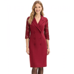 klassisches Damen Business-Kleid Mini-Kleid mit Spitze und doppelreihiger Knopfleiste 921519 Weinrot
