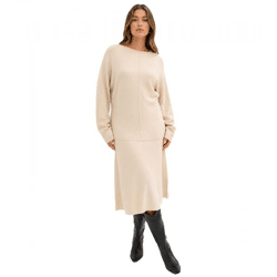 Cozy women's knit dress with color-coordinated decorative stitching; midi dress 938974 sand-beige