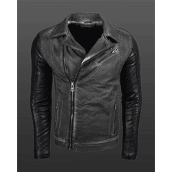 Lässige Herren Biker-Jacke Washed Design mit Kunstleder Ärmeln Slim Fit Übergangs-Jacke 8837 Schwarz