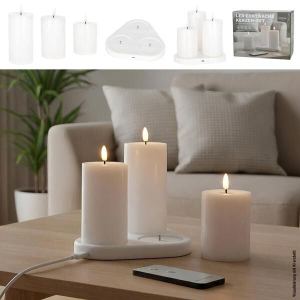 LED Echtwachs Kerze, 3er Set, Ladestation