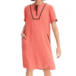 leichtes Damen Sommer-Kleid Tunika-Kleid mit seitlichen Taschen und Zierpaspel 942988 Koralle