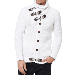 Markante Herren Grobstrick-Jacke mit Stehkragen und Knebelverschluss Cardigan 13418 Weiß