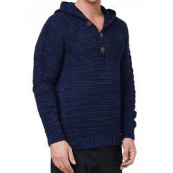 Markanter Herren Grobstrick Kapuzen-Pullover mit Knopfleiste und Zopfstruktur Strick-Hoodie Sweater 13385 Indigo