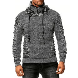 Markanter Herren Grobstrick-Pullover mit Stehkragen und Kragenverschluss Strick-Sweater mit Struktur und Raff-Optik 13320 Schwarz