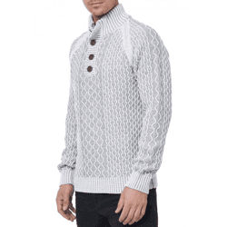 Markanter Herren Strick-Pullover mit Stehkragen und Knopfleiste Kontrast-Sweater im Strukturstrick 13394 Weiß