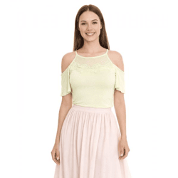 MELROSE Damen Off-Shoulder-Shirt mit Blumenborder elegantes Ausgeh-Top 11037716 Grün