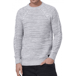 Moderner Herren Grobstrick-Pullover mit Zopfdetails und Rundhals Slim Fit Strick-Sweater 13386 Grau