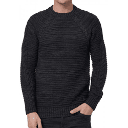 Moderner Herren Grobstrick-Pullover mit Zopfdetails und Rundhals Slim Fit Strick-Sweater 13386 Schwarz