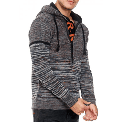 Moderner Herren Strick Kapuzen-Pullover mit Half-Zip-Reißverschluss melierter Hoodie 13345 Marine