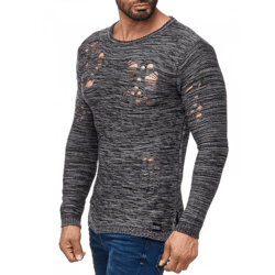 Moderner Herren Strick-Pullover im Destroyed Look Rundhals-Sweaterullover 13295 Grau