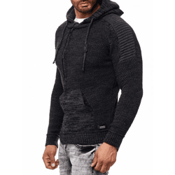 Moderner Herren Strick-Pullover Kapuzen-Sweater Grobstrick-Hoodie Strick-Jacke 13290 Anthrazit