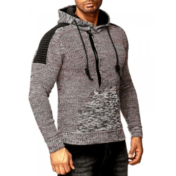 Moderner Herren Strick-Pullover Kapuzen-Sweater Grobstrick-Hoodie Strick-Jacke 13290 Grau /Rot