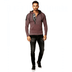 Moderner Herren Strick-Pullover Kapuzen-Sweater Grobstrick-Hoodie Strick-Jacke 13290 Grau/Rot