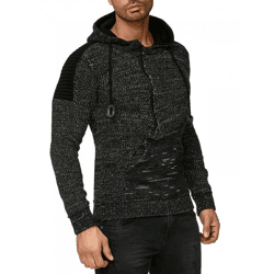 Moderner Herren Strick-Pullover Kapuzen-Sweater Grobstrick-Hoodie Strick-Jacke 13290 Petrol