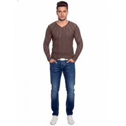 Moderner Herren Strick-Pullover mit Streifenmuster Slim Fit V-Ausschnitt Sweater 3174 Braun