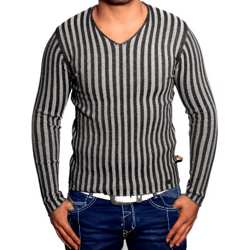 Moderner Herren Strick-Pullover mit Streifenmuster Slim Fit V-Ausschnitt Sweater 3174 Grau