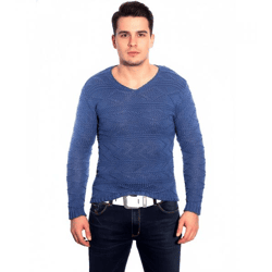 Moderner Herren Strick-Pullover V-Ausschnitt Slim Fit Strukturstrick-Sweater 3172 Blau