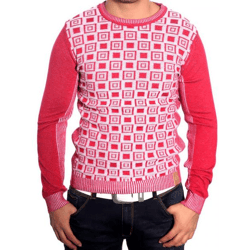 Moderner Herren Strickpullover Karomuster Strukturstrick Rundhals-Sweater 3178 Rot