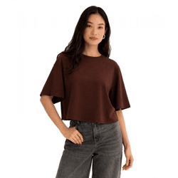 Modernes Damen Oversize T-Shirt aus bequemem Punto-di-Roma Material mit Reißverschluss hinten 966086 Braun