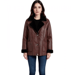 nachhaltige Damen Lederimitat-Jacke mit Kunstlammfell-Kragen Oversized-Jacke 950768 Braun