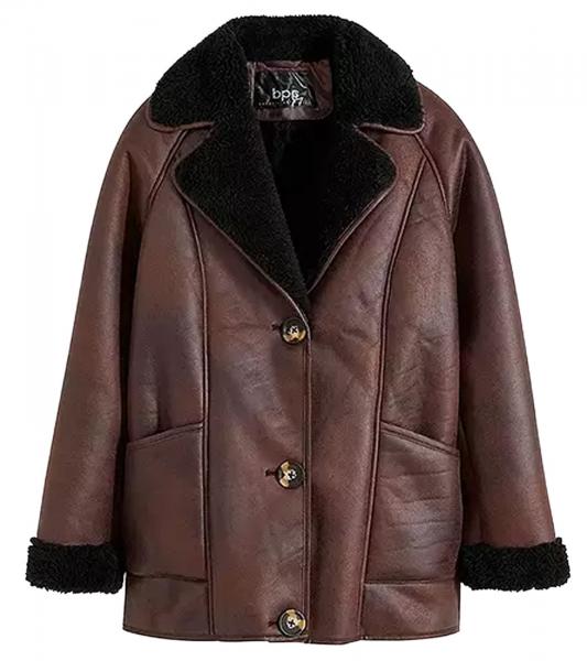 nachhaltige Damen Lederimitat-Jacke mit Kunstlammfell-Kragen Oversized-Jacke 950768 Braun