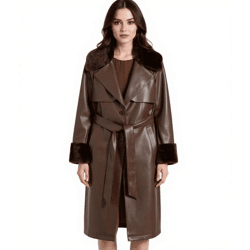 nachhaltiger Damen Lederimitat-Mantel mit Kunstfell Kragen Kunstleder-Jacke Herbst-Mantel 930388 Braun