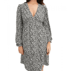 nachhaltiges Damen Mini-Kleid abstrakt bedrucktes Sommer-Kleid mit V-Ausschnitt Langarm-Kleid 910177 Schwarz/Hellbeige