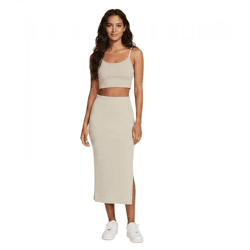 NIKE Damen Midi-Rock Ripp-Rock mit aufgesticktem Swoosh-Logo Baumwoll-Rock FQ1636-104 Beige