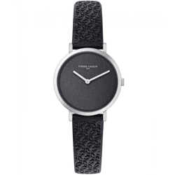 Pierre Cardin Damen Armband-Uhr mit Marken-Kürzel-Print analoge Quarz-Uhr mit Leder-Armband 3ATM 31mm CBV.1502 Schwarz/Silber