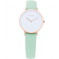 Pierre Cardin Damen Armband-Uhr mit Marken-Kürzel-Print analoge Quarz-Uhr mit Leder-Armband 3ATM 31mm CBV.1511 Pastell-Grün/Gold