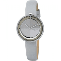 Pierre Cardin Damen Armband-Uhr modernes Ziffernblatt analoge Quarz-Uhr mit Leder-Armband 3ATM 32mm CMA.0005 Grau/Silber