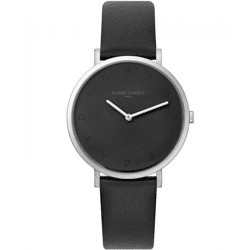 Pierre Cardin Damen Armband-Uhr schlichtes Ziffernblatt analoge Quarz-Uhr mit Leder-Armband 3ATM 39mm CBV.1002 Schwarz/Silber