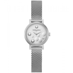 Pierre Cardin Damen Armband-Uhr Ziffernblatt mit silbernen Kreis-Details analoge Quarz-Uhr mit Edelstahl-Armband 3ATM 28mm CCM.0503 Silber