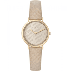 Pierre Cardin Damen vergoldete Armband-Uhr mit Marken-Kürzel-Print analoge Quarz-Uhr mit Leder-Armband 3ATM 31mm CBV.1503 Beige/Gold