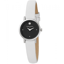 Pierre Cardin Damen Zweizeiger-Armband-Uhr Ziffernblatt mit silbernen Kreis-Details analoge Quarz-Uhr mit Leder-Armband 3ATM 27mm CCM.0505 